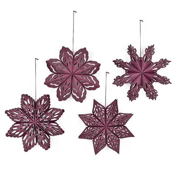 4er Set Faltsterne Schneeflocken, 15cm, beere, Papier