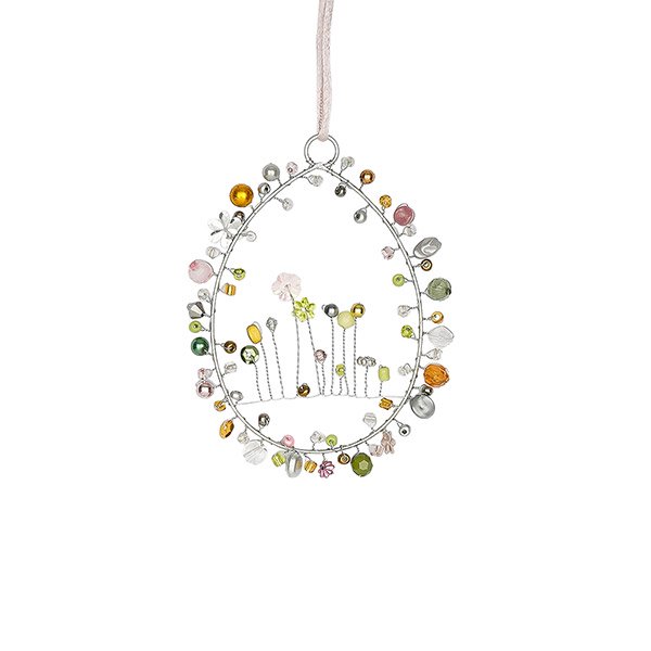 Perlendekoration Osterei mit Blumen 10x7cm, frühlingspastell