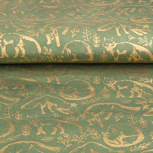 LOKTA Papierbogen, handgeschöpft, FUCHS piniengrün-gold