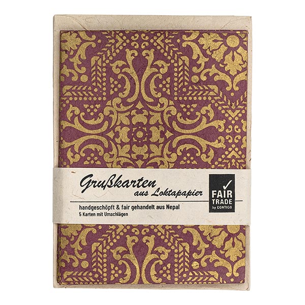 5 Karten mit Umschlag ARABIC STAR himbeerrot-gold, Lokta / CONTIGO Fairtrade Onlineshop