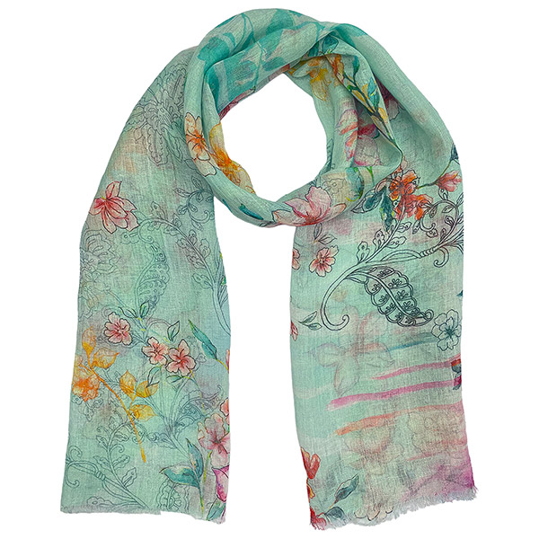 Schal PAISLEY FLOWER, türkis-bunt, 180x70 cm, 100 % Leinen / CONTIGO Fairtrade Onlineshop