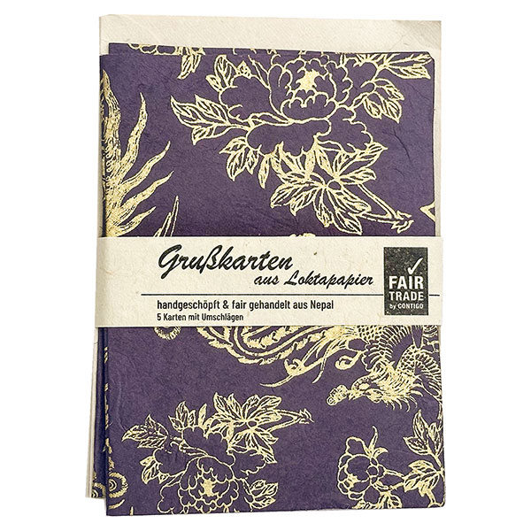 5 Karten mit Umschlag PHOENIX violet-gold, Lokta / CONTIGO Fairtrade Onlineshop