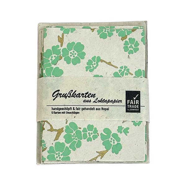 5 Mini Karten mit Umschlag, CHERRY TREE, natur-mintgrün-gold, Loktapapier handgeschöpft