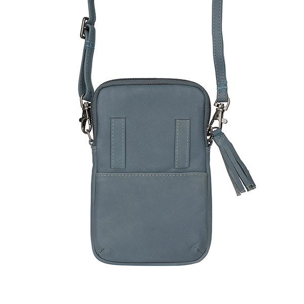 Handtasche SMARTPHONE TUSSEL rauchblau, Rindsleder / CONTIGO Fairtrade Onlineshop