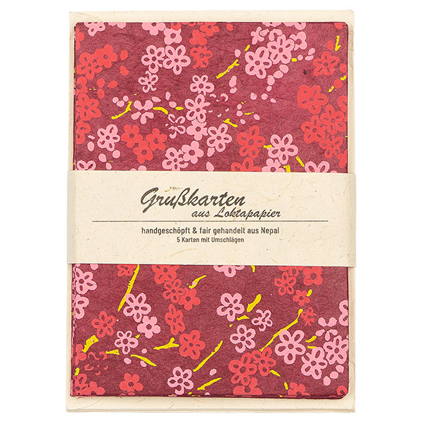 5 Karten mit Umschlag, BLÜMCHEN, purpur-rosa-fuchsia-limette / CONTIGO Fairtrade Onlineshop