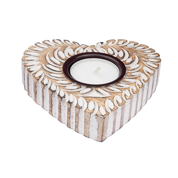 Teelicht-Halter HERZ handgeschnitzt, Mangoholz