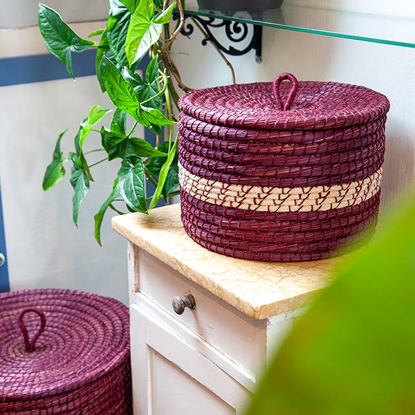 Aufbewahrungskorb 35x25cm BORDEAUX mit Deckel, Gras, Jute / CONTIGO Fairtrade Onlineshop