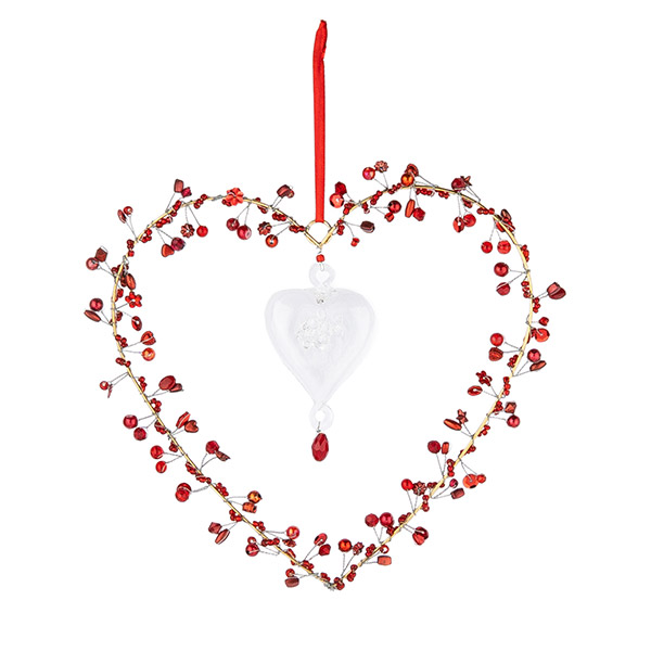 Perlendekoration HERZ mit Kristall 17cm, rot