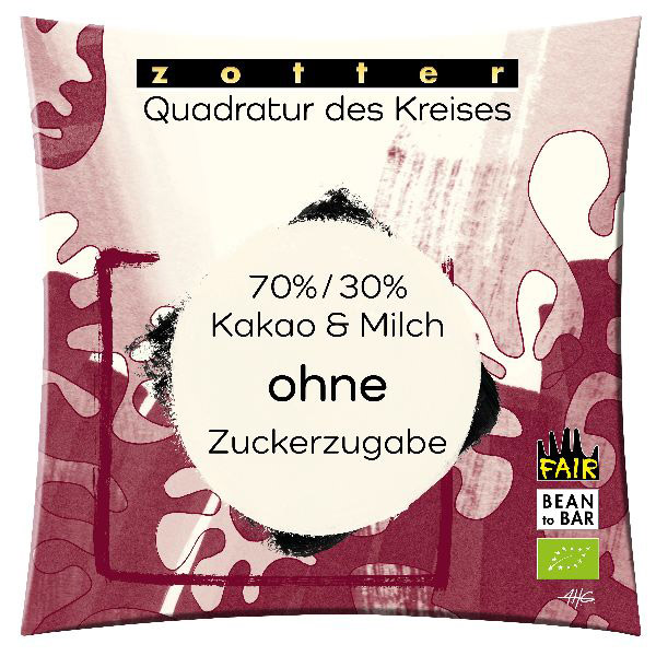 Quadratur 70%/30%  Milchschoko ohne Zuckerzusatz 70g BIO / CONTIGO Fairtrade Onlineshop