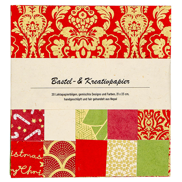 Bastelpapiere 20er Set XMAS, verschiedene Bögen, Lokta / CONTIGO Fairtrade Onlineshop