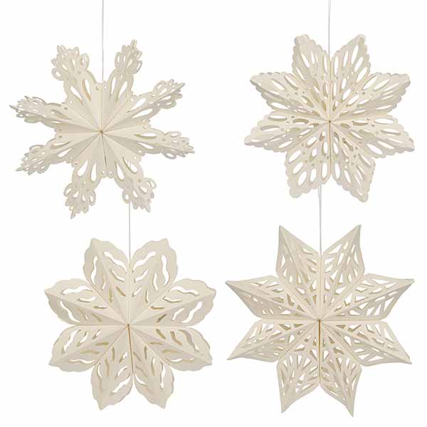 4er Set Faltsterne Schneeflocke, 15cm, weiß, Papier