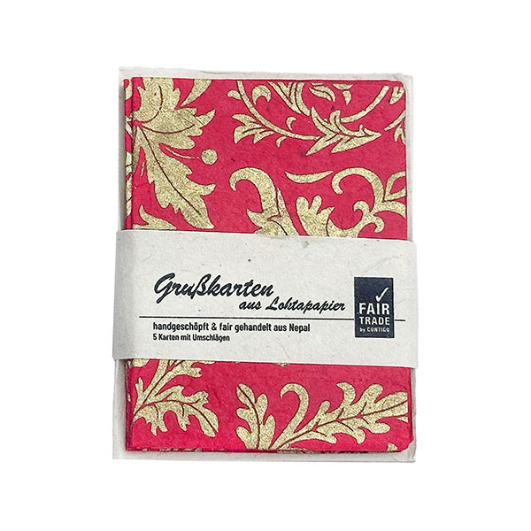 5 Mini Karten mit Umschlag EDEN rot-gold, Lokta handgeschöpft