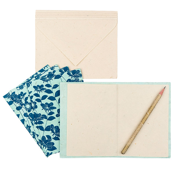 5 Karten mit Umschlag, BLOOMING, hellblau-petrol, Lokta hand / CONTIGO Fairtrade Onlineshop