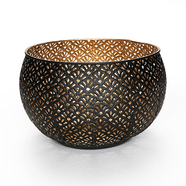 Windlicht 22x15cm, FLOWER BOWL, schwarz-gold, Eisenblech