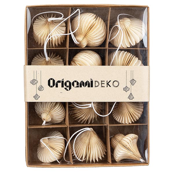 -15% Set 12 Mini Ornamente Origami, weiß gold, Papier SONDERPREIS