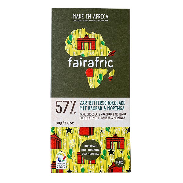 fairafric-Zartbitterschokolade Baobab Moringa 57% 80g BIO,vegan