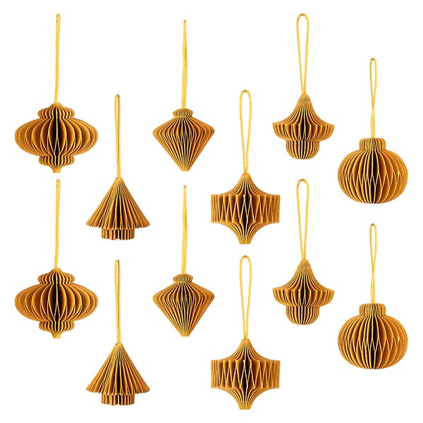 Set 12 Mini Ornamente Origami, goldgelb, Papier