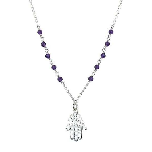 Halskette Hamsa Hand mit Amethystperlen, Silber