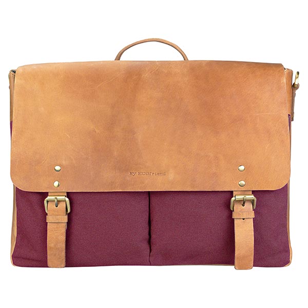 Tasche Messenger groß, bordeaux, Ziegenleder und Canvas