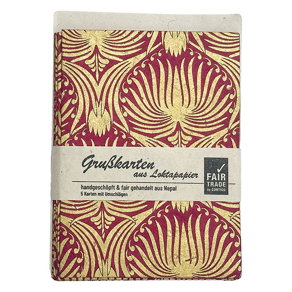 5 Karten mit Umschlag ONION LOTUS beere-gold, Lokta handgeschöpft