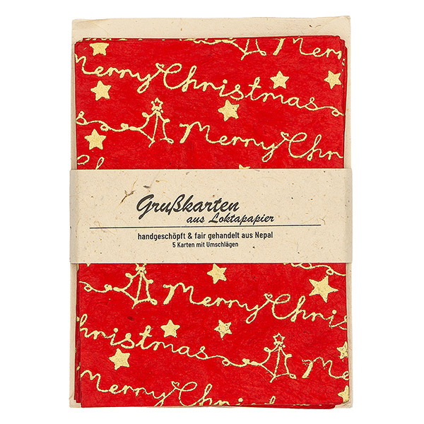 5 Karten mit Umschlag MERRY CHRISTMAS rot, Loktapapier / CONTIGO Fairtrade Onlineshop