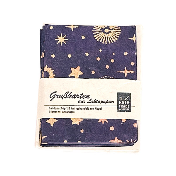5 Mini Karten mit Umschlag FIRMAMENT violet-gold-kupf, Lokta / CONTIGO Fairtrade Onlineshop