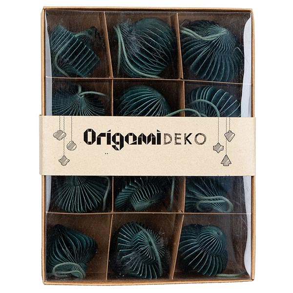 -15% Set 12 Mini Ornamente Origami, dunkelgrün, Papier SONDERPREIS