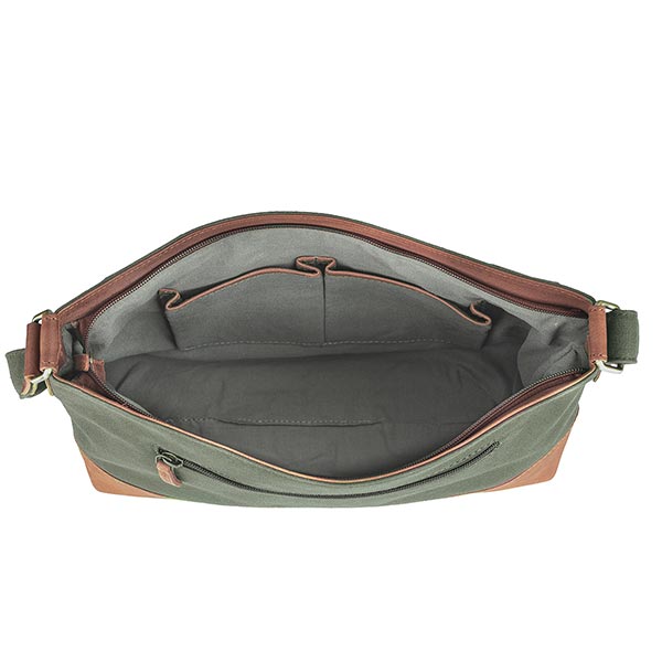 Tasche MAHILA waldgrün, Leder und Bio-Baumwollcanvas / CONTIGO Fairtrade Onlineshop