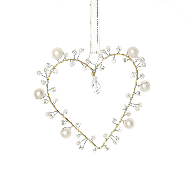 Perlendekoration HERZ 8 cm, weiß