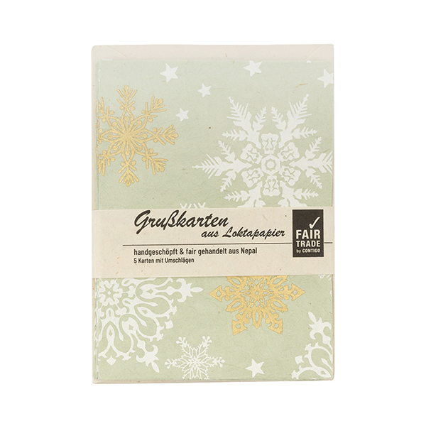 5 Karten mit Umschlag, SNOWFLAKES salbei-weiß-gold, Loktapapier handgeschöpft