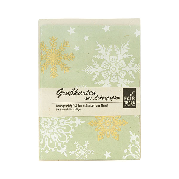 5 Karten mit Umschlag, SNOWFLAKES salbei-weiß-gold, Loktapapier handgeschöpft