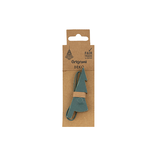 Papierdeko Origami Weihnachtsbaum, 7,5cm,petrol, Goldrand / CONTIGO Fairtrade Onlineshop
