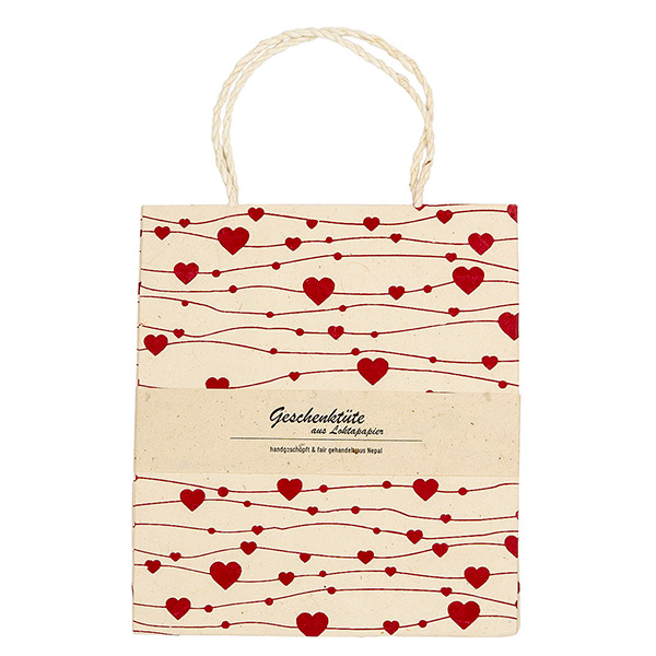 Geschenktüte M HERZCHEN, natur-beere, Loktapapier / CONTIGO Fairtrade Onlineshop