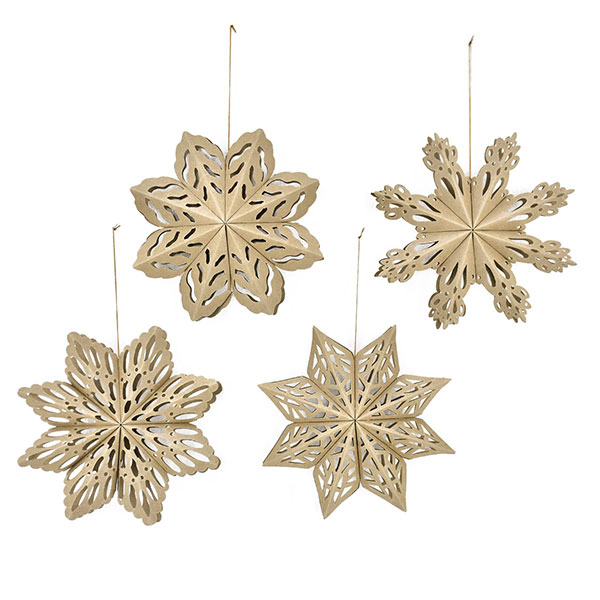 4er Set Faltsterne Schneeflocke, 15 cm, natur, Papier 4er Set Faltsterne Schneeflocke, 15 cm, natur, Papier