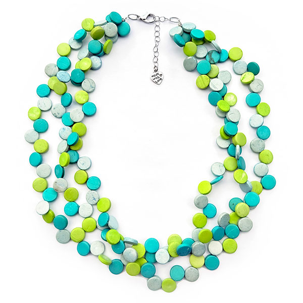 Halskette Puntos dreireihig, blau-grün, Kokosnuss