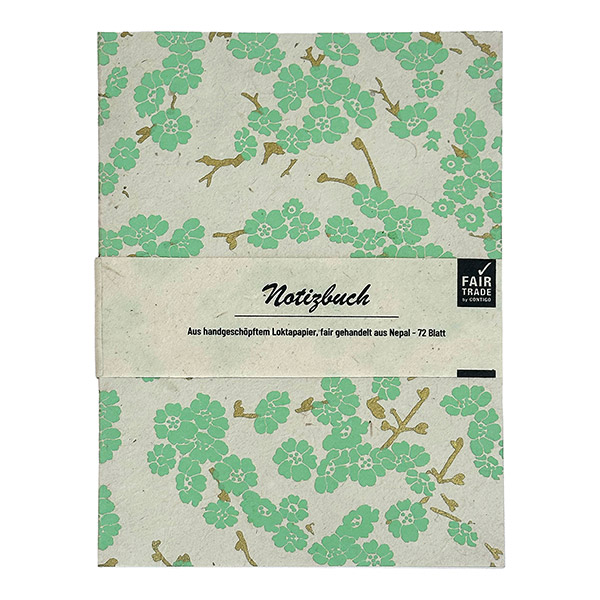 Notizheft CHERRY TREE, natur-mintgrün-gold, Loktapapier handgeschöpft