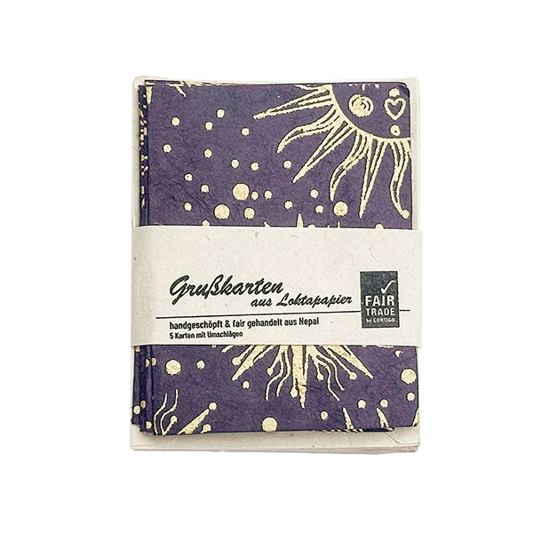 5 Mini Karten mit Umschlag SOLAR violet-gold, Lokta / CONTIGO Fairtrade Onlineshop