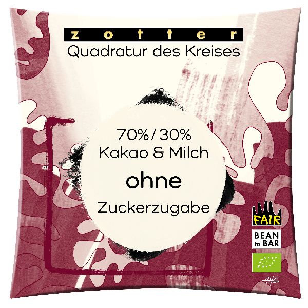 Quadratur 70%/30%  Milchschoko ohne Zuckerzusatz 70g BIO / CONTIGO Fairtrade Onlineshop