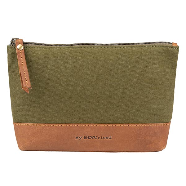 Kosmetiktasche waldgrün, Leder und bio-Baumwollcanvas / CONTIGO Fairtrade Onlineshop