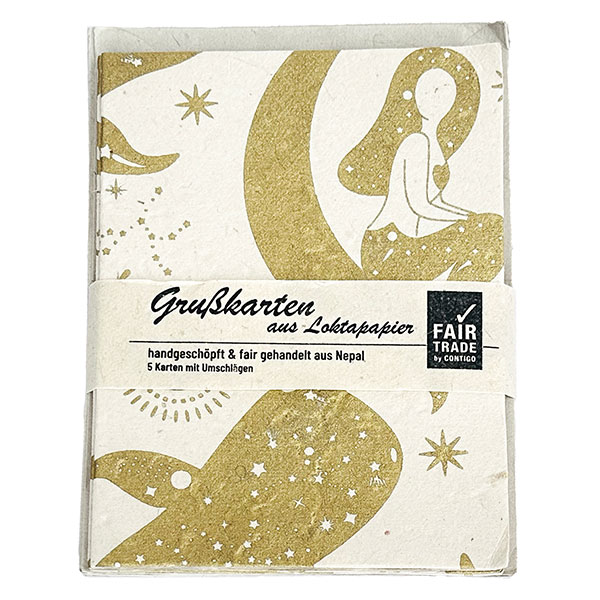 5 Karten mit Umschlag MERMAID WHALE, natur-gold, Lokta handgeschöpft