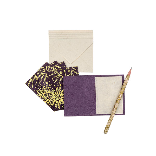 5 Mini Karten mit Umschlag SOLAR violet-gold, Lokta / CONTIGO Fairtrade Onlineshop