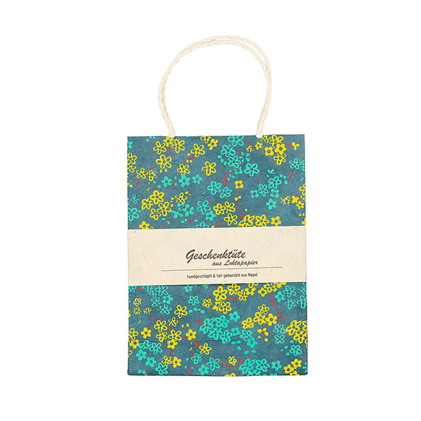 Geschenktüte S BLÜMCHEN, petrol-gelb-türkis-fuchsia / CONTIGO Fairtrade Onlineshop
