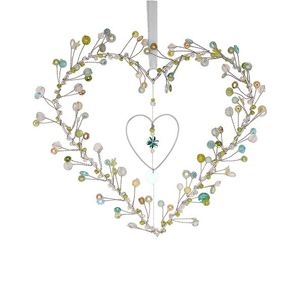 Perlendekoration HERZ IM HERZ 17 cm, aqua