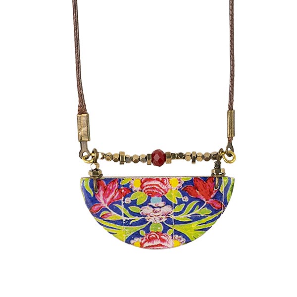 Halskette Blumen-Muster Halbkreis, blau-bunt, Fliese / CONTIGO Fairtrade Onlineshop