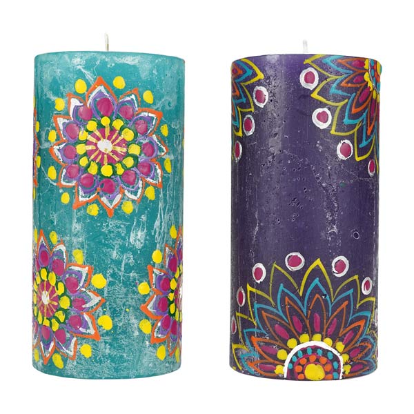 Stumpenkerze 7x15cm INDIAN DELIGHT türkis, lila, Kapula