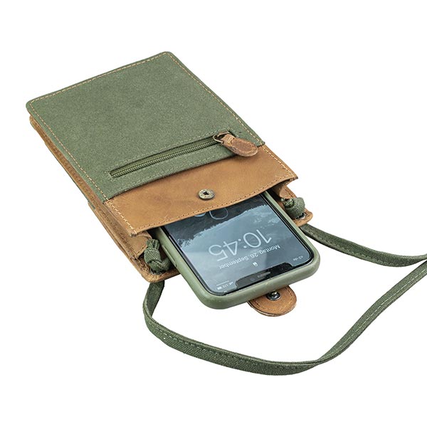 Handytasche mit Gurt grün, Leder und Bio-Baumwollcanva / CONTIGO Fairtrade Onlineshop