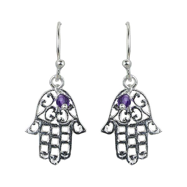 Ohrringe Hamsa Hand Amethystperlen, Silber