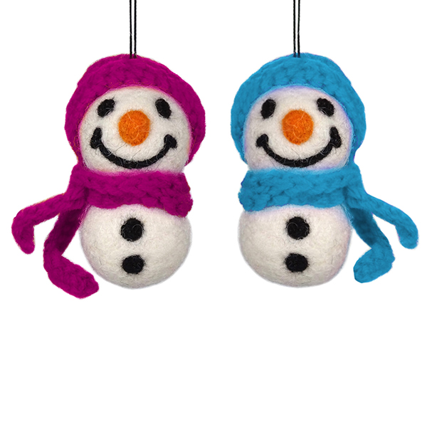 Baumschmuck SCHNEEMANN mit MÜTZE fuchsia+türkis, Wollfilz