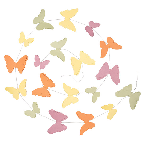 Girlande Schmetterlinge 3D 220cm, buttergelb-hellgrün-pink-apricot, Papier / CONTIGO Fairtrade Onlineshop