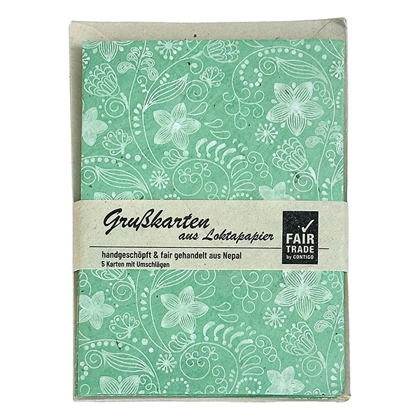 5 Karten mit Umschlag JASMIN GARDEN, mintgrün-weiß, Lokta ha / CONTIGO Fairtrade Onlineshop